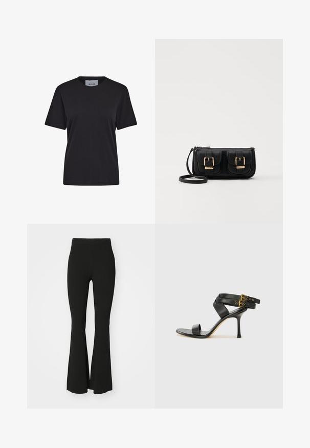 Juodas trumpomis rankovėmis marškinėliai, pagaminti iš medvilnės, su apvaliu iškirpimu ir tiesiu sijonu. Etiketė matoma ant kaklo.; Juodos plačios kelnės, pagamintos iš elastingos medžiagos, su aukštu liemeniu ir lygiu, nepagražintu paviršiumi. Paprastas ir prie kūno priglundantys dizainas.; Juodi kulniškų sandalai su kryžminėmis juostelėmis ir reguliuojamu sagtimi. Ypatybė – lygus paviršius ir siauras smailas kulnas.; Juodas odinis per petį nešiojamas krepšys su dviem priekiniais kišenėmis, auksiniais sagtimis, užtrauktuko uždarymu ir siauromis petnešomis. Textūruota paviršius ir kompaktiškas stačiakampis formatas.