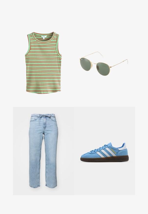 Mouwloze geribde tanktop met een mintgroene basis en horizontale rode strepen. Voorzien van een ronde halslijn en een zachte textuur.; Lichtblauwe denim jeans met een relaxed recht model, vijf zakken en een tailleband met lussen voor een riem. Verzorgde afwerking met subtiele vervaging.; Lichtblauwe suède sneakers met witte leren strepen, een bruine textuurzool en gouden logo-detail. Laag ontwerp met een ronde neus.; Gouden metalen zonnebril met groene lenzen, ronde vorm, dunne pootjes en witte plastic accenten op de uiteinden van de steunen.; Geel geplooide handtas van soepel nepleer, met een zachte vorm, een enkele schouderriem en een verzameld ontwerp aan de bovenkant.