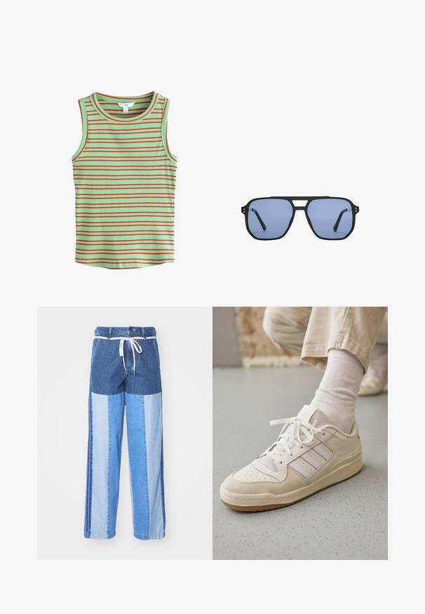 Ärmelloses, geripptes Top mit mintgrünem Grundton und horizontalen roten Streifen. Besitzt einen runden Ausschnitt und eine weiche Textur.; Blaue Denim-Hosen mit einem Patchwork-Design in verschiedenen Blautönen, einem Kordelzugbund und lockeren, gerade geschnittenen Beinen.; Weißer Sneaker mit Obermaterial aus Wildleder und Leder, durchlöchtem Zehenbereich, drei Streifen in Hellgrau, flachen Schnürsenkeln und einer strukturierten Gummisohle.; Stradivarius RETRO - Sonnenbrille - light blue