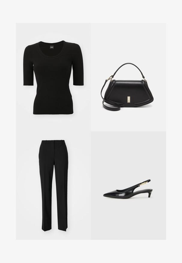 Schwarzes, geripptes Kurzarmoberteil mit rundem Halsausschnitt und figurbetonter Passform. Hergestellt aus einem dehnbaren Stoff, der eine glatte Textur und einen eleganten Look bietet.; Schwarze, taillierte Hose mit geradem Bein, aus einem glatten Stoff und mit klaren Falten an der Vorderseite. Keine sichtbare Hardware.; Schwarze Leder-Slingback-Pumps mit spitzem Schuhblatt, ausgestattet mit einem schlanken Absatz und einem goldfarbigen Akzent am verstellbaren Riemen. Glatte Textur.; Schwarze Lederhandtasche mit einem strukturierten Design, das eine verkürzte Form, einen oberen Griff und goldfarbene Hardware-Details aufweist. Verstellbarer Schulterriemen ist enthalten.