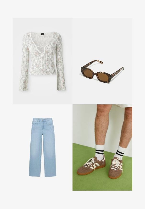 Weißes Spitzenoberteil mit langen Ärmeln, florales Muster in zartem Pink und Grün, V-Ausschnitt mit Bindeband, gewellter Saum.; Helle blaue weite Jeans aus Denim, mit hoher Taille, geradem Schnitt und Fünf-Taschen-Design sowie einem sauberen Saum.; Braune Wildleder-Sneaker mit weißen Akzenten und Schnürsenkeln. Gummisohle in Kautschuk-Optik. Getragen mit weißen Socken, die schwarze Streifen haben. Grüner strukturierter Fußboden.; Schildpatt-Sonnenbrille mit einem runden, klobigen Rahmen und braunen Gläsern. Verfügt über dezente Muster und gerade, zulaufende Bügel.; Zign LEATHER - Shopping Bag - light brown