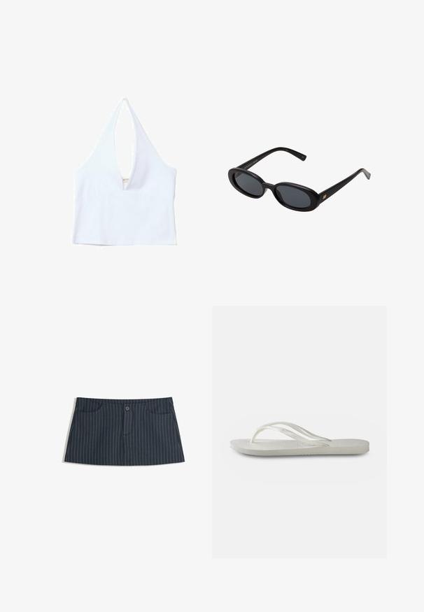 Top corto bianco con scollo a V profondo, texture a coste e orlo dritto. Design semplice senza accessori o motivi aggiuntivi.; Mini gonna blu navy a righe con tasche frontali e una chiusura con un singolo bottone in vita.; Infradito bianchi con suola testurizzata, caratterizzate da cinghie sottili e design piatto. Realizzate in gomma con un logo sottile sulla soletta.; Occhiali da sole neri oversize con lenti ovali, montatura in plastica liscia e accenti dorati sulle tempie. Le lenti scure offrono protezione dal sole.