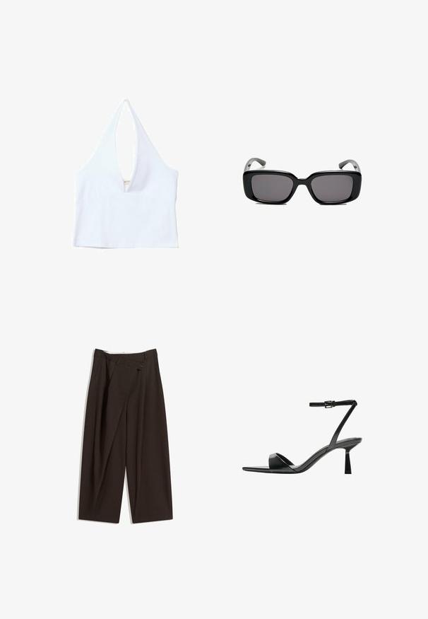 Weißes Halter-Crop-Top mit tiefem V-Ausschnitt, geripptem Textur und geradem Saum. Einfaches Design ohne zusätzliche Hardware oder Muster.; Dunkelbraune, weite Hosen mit hohem Bund, die über einen einzigen Knopfverschluss und eine gefaltete Vorderseite verfügen. Hergestellt aus leichtem Stoff.; Bershka High Heel Sandalette - black; Schwarze rechteckige Sonnenbrille mit dunklen Gläsern, glattem Kunststoffrahmen und gebogenen Bügeln. Das Design ist klobig mit einer minimalistischen Ästhetik.; Tasche aus braunem Wildleder mit zwei langen Griffen, rechteckiger Form und dekorativer Naht. Verfügt über einen seitlichen Riemen und subtile goldene Hardwareakzente.