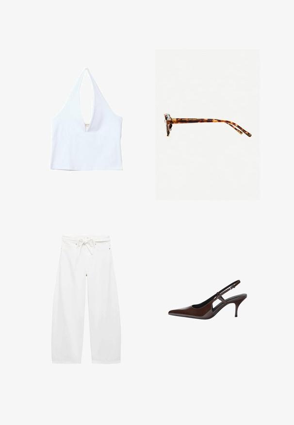 Bela halter crop majica z globokim V-izrezom, rebrasto teksturo in ravnim robom. Enostaven dizajn brez dodatne opreme ali vzorcev.; Bela široka hlače iz lahkega materiala, s pasom na vrvico, dvema sprednjima žepoma in preprostimi kovinskimi dodatki.; Rjave čevlje iz patentirane usnje s slingback obliko in špicastim nosom, odprtimi izrezi in tankim peto. Ima nastavljiv pas s sponko.; Sončna očala iz želvosliva z debelimi okvirji, rahlo ukrivljenimi nogicami in gladko teksturo. Imajo klasičen dizajn z sijočim finišom.