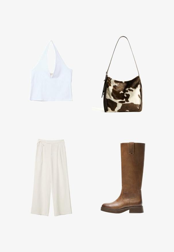 Witte haltercrop top met diepe V-hals, geribbelde textuur en een rechte zoom. Eenvoudig ontwerp zonder extra hardware of patronen.; Wijdvallende broek van off-white stof met een gladde textuur. Heeft een gestrikte taille en geplooide voorkant, ontworpen voor een ontspannen pasvorm.; Bruine leren laars tot de knie met een ronde neus, gestructureerd oppervlak en een lage, gestapelde hak. Beschikt over een zijpaneel en een aantrektap aan de bovenkant.; Bruine en crèmekleurige koeienhuid schoudertas met een gladde leren band, ritssluiting en een zachte, tekstuursurface met een natuurlijk patroon.
