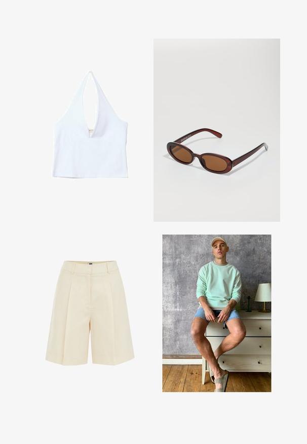 Weißes Halter-Crop-Top mit tiefem V-Ausschnitt, geripptem Textur und geradem Saum. Einfaches Design ohne zusätzliche Hardware oder Muster.; Beige, gefaltete Shorts mit einem maßgeschneiderten Design, das eine glatte Textur und seitliche Taschen aufweist. Sie sind oberhalb des Knies geschnitten und bieten eine entspannte Passform.; Mintgrüner Sweatshirt, Jeansshorts und olivgrüne Slipper. Sitzt auf einer hellen Kommode vor einer strukturierten grauen Wand.; Runde, braun getönte Sonnenbrillen mit einem glänzenden burgunderfarbenen Rahmen. Schlanke Bügel mit dezentem Branding. Flaches Linsendesign.; Geflochtene Strohtasche mit braunen Lederakzenten, zwei Griffen und einem abnehmbaren Gurt. Kurvenform mit einem stabilen Boden.