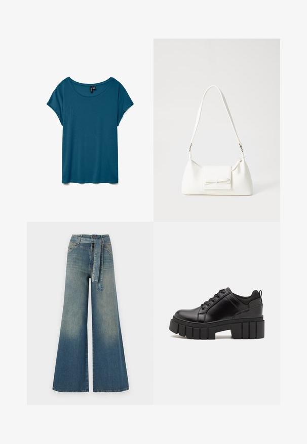 Tumesinine lühikeste varrukatega T-särk, ümmarguse kaeluse ja pehme kanga koostisega, millel on lahtine lõige ja sile tekstuur.; Laiad denimpüksid, millel on hele tume sinine gradiendiefekt, kõrge vöökoht, vöökumlid ja sobivast kangast vöö. Struktureeritud denimi viimistlus.; Must musta platvormsussid paksu plokkninal, ümmarguse varbaga ja traditsioonilise nööridega kinnitamisega. Sussid on sileda tekstuuriga ja minimaalsete detailidega.; Valge sünteetilisest materjalist kott kolmnurkse kujuga, lame esiklapiga ja kaaredetailiga, reguleeritava rihmaga, sileda tekstuuriga ja minimalistliku disainiga.