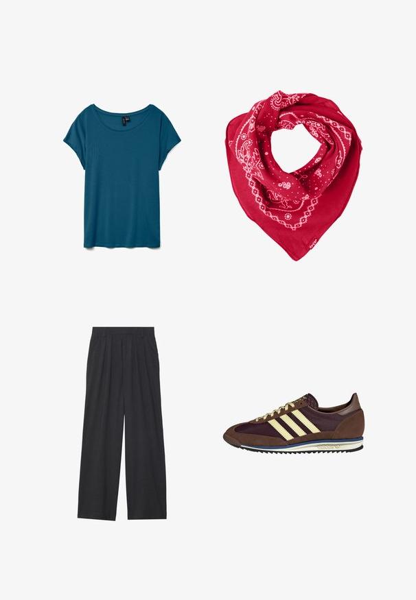 Tricou scurt din material teal, cu guler rotund, fabricat din țesătură moale, având o croială lejeră și o textură netedă.; Pantaloni largi dintr-un material gri închis. Prezintă pliuri la talie, un design ajustat și o siluetă dreaptă.; Sneaker maro și burgund cu materiale din suede și plasă, având trei dungi crem, țesătură texturată pe limbă și o talpă din cauciuc.; Fular roșu din bumbac, cu modele albe de paisley și puncte, având o formă triangulară și o etichetă în colțul din jos.