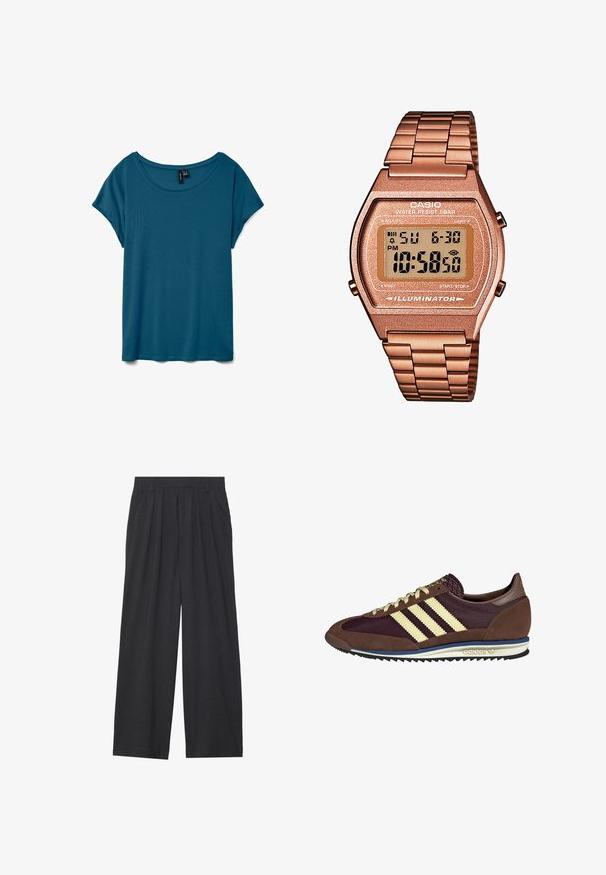 Tīrkīza īsām piedurknēm T-krekls ar apaļu kakla izgriezumu, izgatavots no mīkstas auduma, ar brīvu piegriezumu un gludu tekstūru.; Platas piegriezuma bikses no tumši pelēka auduma. Iezīmes - izgriezumi jostasvietā, veidota forma un taisna silueta.; Brūni un bordo sporta apavi ar zamšādām un sieta materiāliem, ar trim krēmkrāsas svītrām, teksturētu audumu uz mēles un gumijas zoli.; Digitālais Casio pulkstenis ar rozā zelta metāla siksniņu, taisnstūra korpusu, apgaismotu displeju un ūdensizturību, kas attēlo laiku un datumu.
