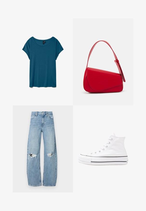 Camiseta de manga curta em teal com gola redonda, feita de um tecido suave, apresentando um corte descontraído e uma textura lisa.; Jeans de lavagem clara, de cintura alta, feitos de denim. Apresentam pernas largas, duas áreas rasgadas nos joelhos e o estilo clássico de cinco bolsos.; Sapatilha alta de tela branca com sola de borracha preta, bico de borracha na frente e seis ilhós para os atacadores, apresentando um design limpo e minimalista.; Bolsa de mão em couro vermelho com um design angular e geométrico. Apresenta uma única alça ajustável e um fecho com aba, com detalhes cosidos.