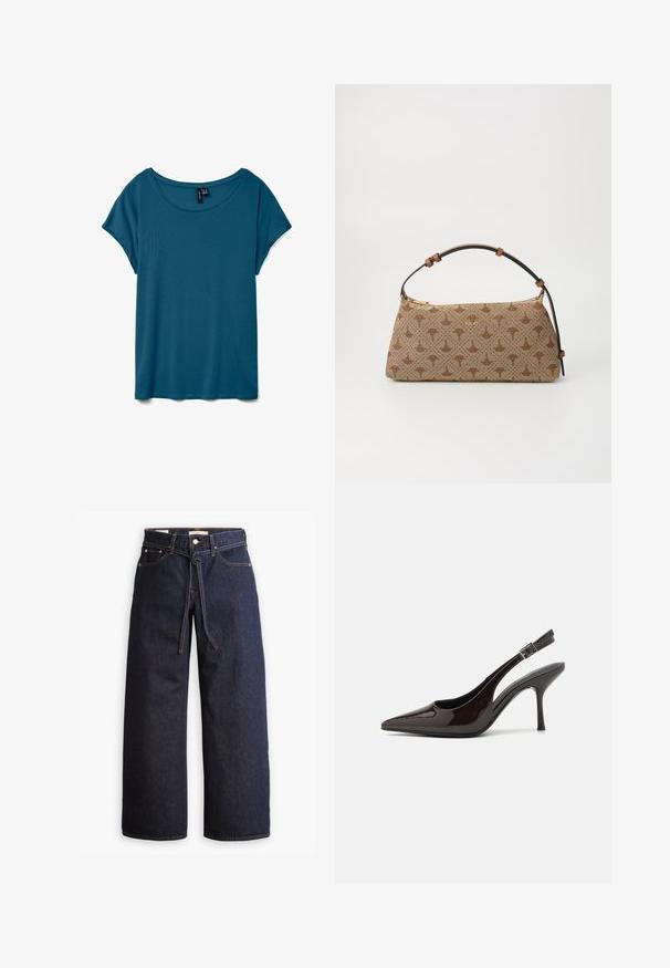 Maglietta a maniche corte color teal con scollatura rotonda, realizzata in tessuto morbido, presenta una vestibilità rilassata e una texture liscia.; Jeans in denim scuro a gamba larga con vita alta, dotati di un laccio, cinque tasche e dettagli di cucitura a contrasto.; Scarpa con tacco alto tipo slingback in pelle verniciata marrone scuro lucido, punta affusolata, lati aperti e cinturino alla caviglia regolabile.; Borsa a tracolla marrone con motivo, in tessuto testurizzato, con manico in pelle marrone e dettaglio del logo dorato su uno sfondo beige. Forma curva e strutturata.
