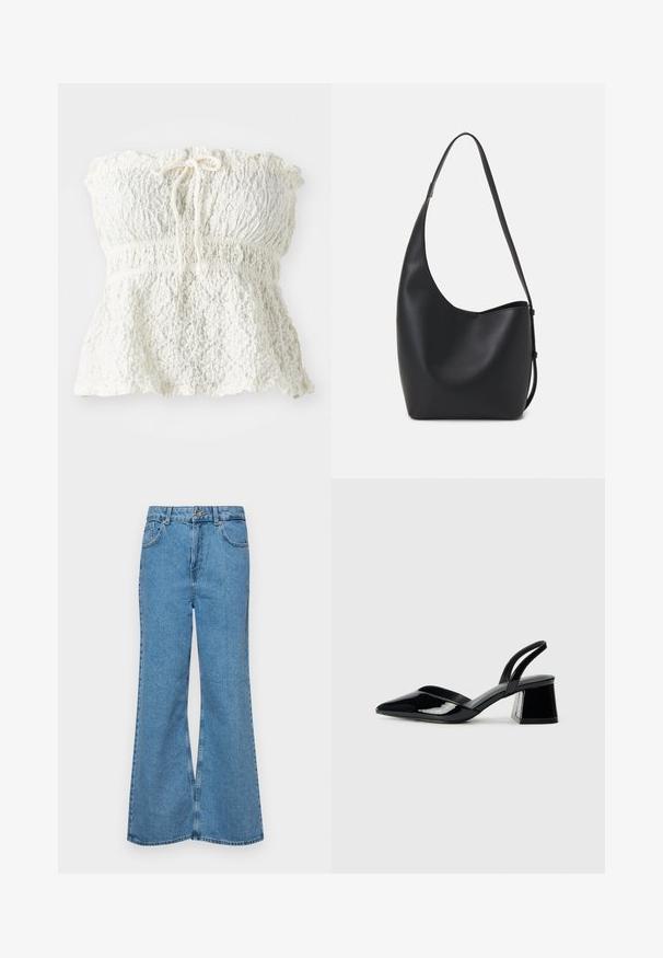 Top blanco sin tirantes hecho de encaje texturizado con un cuerpo fruncido y un dobladillo recogido. Presenta un detalle de lazo en el escote.; Jeans acampanados de color azul claro hechos de denim, con una cintura alta, cinco bolsillos y un cierre de botón. Textura suave con acabado desgastado.; Zapatos de tacón slingback de charol negro con punta afilada y tacón geométrico en bloque. Presentan un diseño elegante y minimalista, así como una textura suave.; Bolso tipo hobo de cuero negro con una textura suave, forma curvada y una sola correa ajustable; presenta una amplia apertura en la parte superior.