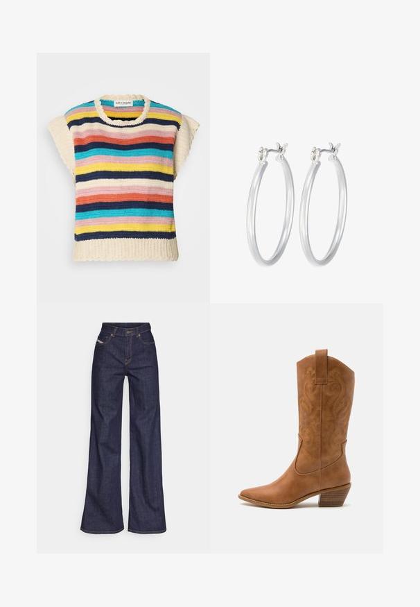 Nerti topas su apvalia iškirpte ir bangomis, turintis horizontalias raudonas juostas rožinės, geltonos, tamsiai mėlynos, mėlynos ir grietinėlės spalvų.; Tamsiai mėlynos plačios kojų džinsinės kelnės iš denimo audinio su aukštu liemeniu, su oranžinėmis siūlėmis, penkių kišenių dizainu ir sagčių užsegimu.; Ruda odinė kantri batai su smailiu būtų pirštu, siuvinėtais spiralės raštais ant viršaus ir su kamščiu blokuotu kulnu. Yra tamprių užtraukių, kad būtų lengviau užsidėti.; Sidabriniai auskarai su sklandžiu, poliruotu paviršiumi. Apvalios formos ir saugus uždarymo mechanizmas. Lengvas dizainas, tinkantis kasdieniam dėvėjimui.