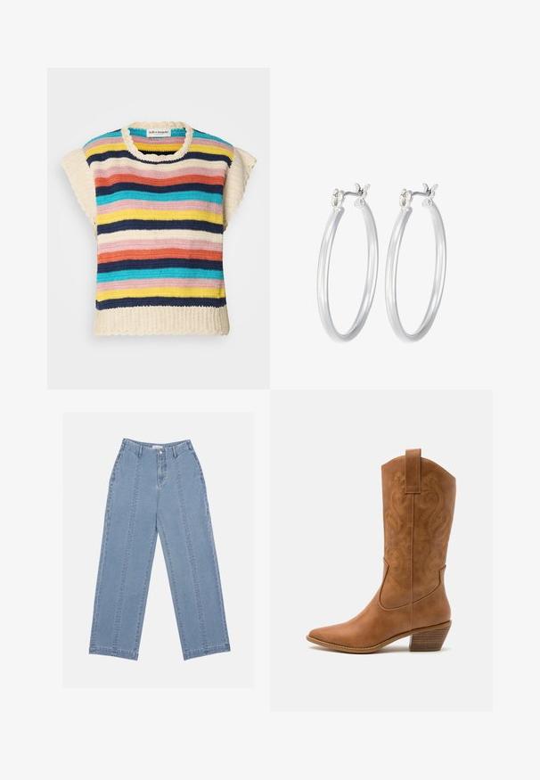 Akrila tops ar apaļu kakla izgriezumu un viļņainām malām, kas ir dekorēts ar horizontālām svītrām rozā, dzeltenā, tumši zilās, zilās un krēmkrāsas toņos.; Gaiši zili, platā kāja džinsi, izgatavoti no denima. Iekļauj augsto jostasvietu, pogu aizdari un redzamu šuvumu. Priekšpusē nav redzamu kabatu.; Brūni ādas kovboju zābaks ar norādītu purngalu, izšūtām viļņveida apakšējo detaļu un sakrautajiem blokiem. Iezīmēts ar velkšanas cilpu ērtai uzvilkšanai.; Sudraba riņķveida auss gredzeni ar gludu, pulētu apdari. Apaļa forma un drošs klikšķa augšējais slēgums. Viegls dizains, kas piemērots ikdienas valkāšanai.