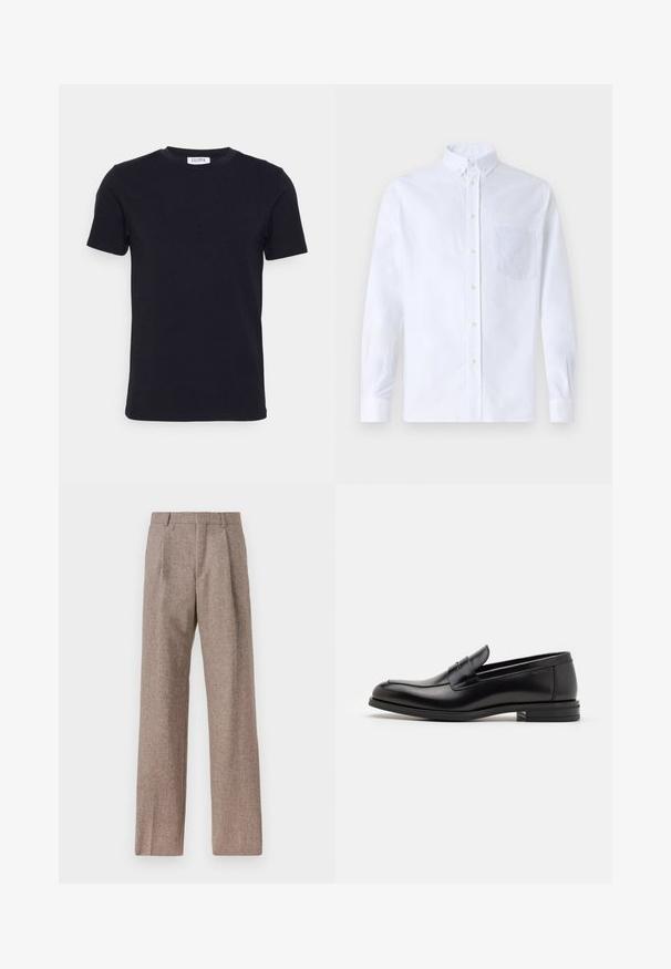 Black short-sleeve crew neck t-shirt with a small white tag on the inside of the neckline.; White long-sleeve button-up shirt made of cotton, featuring a chest pocket with tonal embroidery, a collar, and button cuffs.; Brown, high-waisted trousers made of textured fabric. Features wide legs and two front pleats for structure. Neat finish with no visible hardware.; Black leather loafers with a smooth texture, rounded toe, and a decorative strap across the vamp. Low stacked heel, minimalist design.
