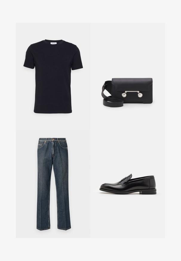 Black short-sleeve crew neck t-shirt with a small white tag on the inside of the neckline.; Dark blue straight-leg denim jeans with front button, zip fly, double front pockets, and visible vertical creases down the legs.; Black leather loafers with a smooth texture, rounded toe, and a decorative strap across the vamp. Low stacked heel, minimalist design.; Black leather crossbody bag with a flap closure, silver-tone hardware, and two round accents. Features a detachable strap. Smooth texture.