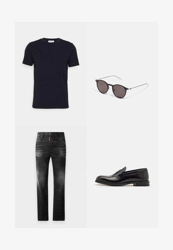 Black short-sleeve crew neck t-shirt with a small white tag on the inside of the neckline.; Black denim jeans with a straight fit. Features faded areas, minor distressing, classic five-pocket design, and a button closure.; Black leather loafers with a smooth texture, rounded toe, and a decorative strap across the vamp. Low stacked heel, minimalist design.; Black round sunglasses with dark lenses and slim metal arms. Includes clear temple tips and silver accents at the hinge. Minimalist design.