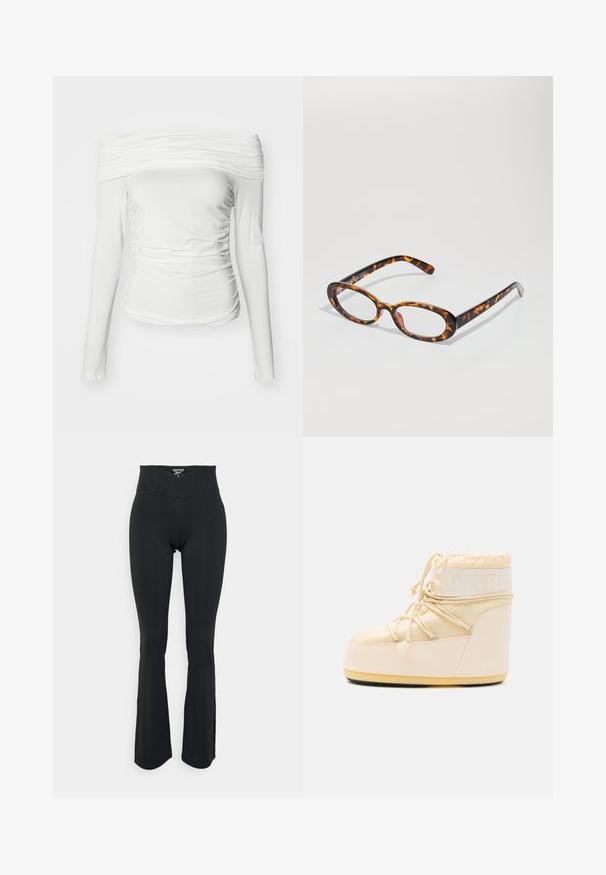 Camisola branca de manga longa com um design off-the-shoulder, apresentando uma textura franzida e drapeados laterais para uma silhueta ajustada.; Leggings pretos com corte fluido feitos de material elástico. Apresenta uma cintura alta com um detalhe de costura em ângulo. Textura suave sem logótipos visíveis.; Botas Moon bege claro com bico arredondado, fecho por cordão e sola de borracha texturizada. Apresenta uma marcação branca e materiais sintéticos lisos.; Óculos tartaruga com lentes ovais, apresentando um acabamento brilhante, hastes finas e padrões subtis que lembram as riscas de um tigre.