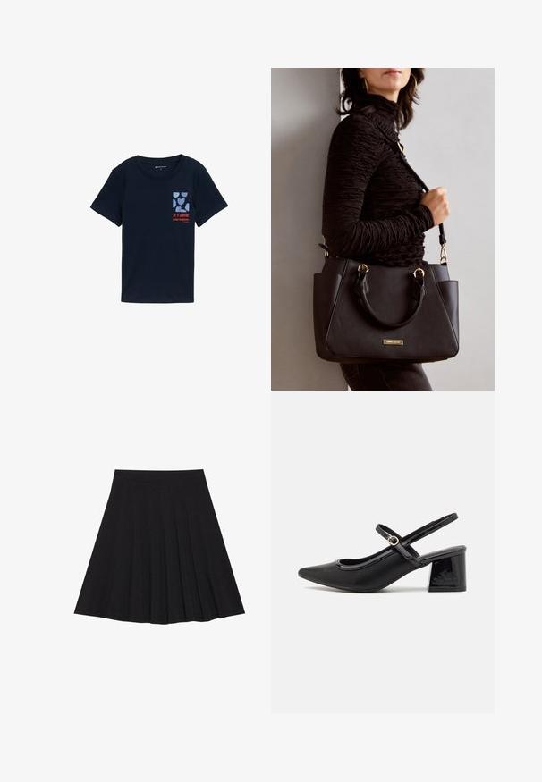 Marineblå bomulds T-shirt med korte ærmer, prydet med et grafisk tryk af hjerter og teksten "je t'aime pour toujours" i rød.; Sort plisseret nederdel lavet af struktureret stof med en tætsiddende talje. Faldende til knæ længde og har en glat, ren silhuet.; Sorte patentlæder slingback hæle med spids tå, rund udskæring og blokhæl. Har en guldtonet spændeaccents.; Sort håndtaske med struktureret overflade, dobbelt topbærere og justerbar skulderrem. Udstyret med guldfarvet metalhardware og sidelommer.