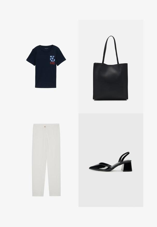 Marineblå bomulds T-shirt med korte ærmer, prydet med et grafisk tryk af hjerter og teksten "je t'aime pour toujours" i rød.; Hvide, skrædderlavede bukser med lige ben design, udstyret med knaplukning, bæltesløjfer og sidelommer; glat stoftekstur.; Sorte patentlæder slingback hæle med spids tå og en geometrisk blok hæl. Har et elegant, minimalistisk design og en glat tekstur.; Sort læder tote taske med glat tekstur, rektangulær form og to lange hanke. Ingen synlig hardware eller udsmykninger.