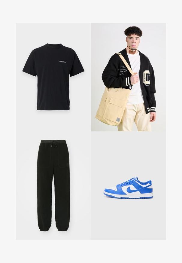 Sort bomulds t-shirt med rund hals og korte ærmer. Har hvid tekst "No Problemo" på venstre bryst.; Sorte fleece sweatpants med elastisk talje og snoretræk. Har to frontlommer og tapered manchetter ved anklerne.; Nike Dunk sko med en overdel af blåt og hvidt læder, der har en perforeret tå, snøresystem og en tekstureret gummisål.; Beige messengerbag med to frontlommer, lavet af stof. Oversized sort cardigan med hvide striber og broderede tekstdetaljer.