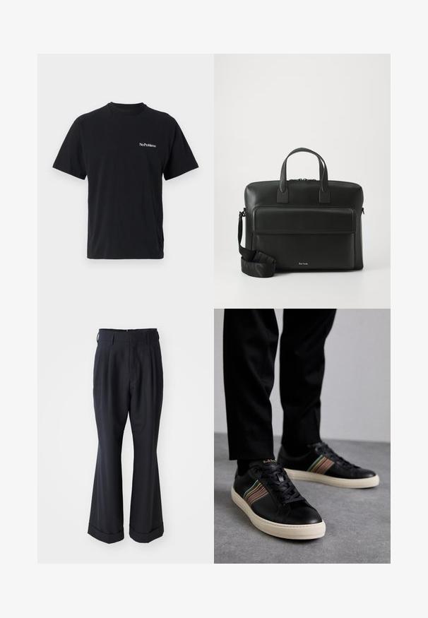 Tricou din bumbac negru cu guler rotund și mâneci scurte. Prezintă text alb "No Problemo" pe pieptul stâng.; Pantaloni negri croiți, cu o potrivire relaxată, față pliată și picioare largi. Prezintă un tiv cu manșete și o textură de țesătură netedă.; Adidași din piele neagră cu accente multicolore în dungi, vârf rotund și tălpi din cauciuc alb, având un design cu șireturi și branding embosat.; Geantă de piele neagră pentru birou, cu două mânere superioare, un buzunar frontal și o curea detașabilă, având o branding subtil în partea de jos.