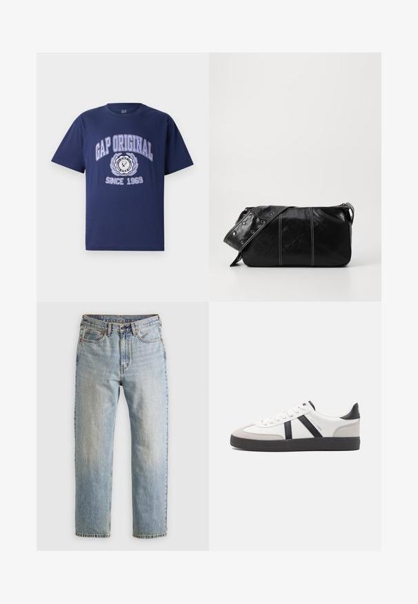 Granatowa bawełniana koszulka z krótkimi rękawami, z napisem "GAP ORIGINAL" oraz grafiką, okrągłym emblematem i napisem "SINCE 1969" poniżej.; Jasnoniebieskie dżinsy z wysokim stanem, z guzikiem z przodu, zamkiem błyskawicznym i pięcioma kieszeniami, ułożone na płasko na neutralnym tle.; Białe sneakersy z czarnymi i szarymi akcentami, z teksturowanym szarym czubkiem, czarną gumową podeszwą i płaskimi białymi sznurowadłami. Czysty design, minimalistyczny styl.; Czarna skórzana torba na ramię z zamkiem błyskawicznym, charakteryzująca się teksturowanym korpusem, białymi przeszyciami oraz paskiem z srebrnymi osłonkami.