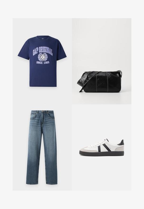 Tumesinise puuvillase lühikeste käistega T-särk, millel on tekst "GAP ORIGINAL" ja graafiline disain, ringikujuline emblem ning "SINCE 1969" all.; Sirged sinise denimist teksad sirgjoonesega, heledama pesuga, viie tasku disainiga, metallnööpide ja vöörihmadega. Kindel, keskmise raskusega kangas.; Valged tossud mustade ja hallide aktsentidega, tekstureeritud halli varbakattega, musta kummitald ja lamedad valged paelad. Puhtad jooned, minimalistlik stiil.; Must mustra nahkainine õlakott, millel on tõmblukk, tekstureeritud pind, valged õmblused ja rihm hõbedaste rõngastega.