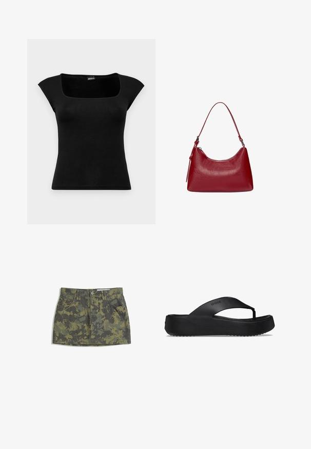 Gina Tricot - T-shirt z nadrukiem; Zielona spódnica dżinsowa w kamuflażu z dopasowanym pasem, czterema kieszeniami i zapięciem na guziki. Wzór zawiera ciemnozielone i jasnozielone motywy liści.; Czarne klapki z podniesioną podeszwą, wykonane z gumowego materiału. Posiadają pasek w stylu thong oraz teksturowaną wkładkę dla lepszej przyczepności.; Czerwona skórzana torebka na ramię o zakrzywionym kształcie, gładkiej fakturze i zamek błyskawiczny. Posiada cienką rączkę do noszenia.