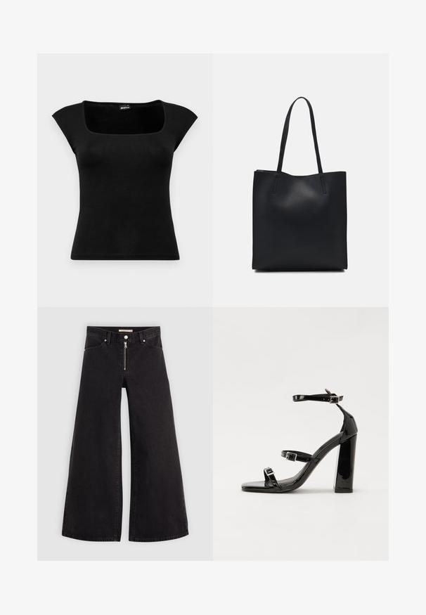Gina Tricot SOFT TOUCH TIGHT TOP - Tricou cu imprimeu - black; Jeans cu picioare largi din denim negru, cu fermoar în față, design cu cinci buzunare și detalii subtile de cusătură. Textură netedă și stil casual.; Sandale cu toc din patent negru, cu vârf pătrat, curele la gleznă și catarame din argint. Dispune de un toc gros pentru stabilitate.; Geantă tote neagră din piele, cu textură netedă, formă rectangulară și două mânere lungi. Fără hardware vizibil sau ornamente.