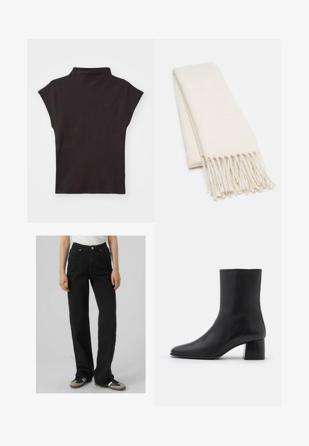 Černý krátký rukáv turtleneck top vyrobený z elastického materiálu, s volným střihem a hladkou texturou, bez viditelných vzorů nebo akcentů.; Černé džíny s vysokým pasem a rovnými nohavicemi, vyrobené z denimu, s dvěma předními kapsami a mosaznými detaily.; Černé kožené kotníkové boty s špičatou špičkou a robustním čtvercovým podpatek. Hladká textura s bezšvovým designem a minimalistickým prošíváním.; Bílý šátek s texturovaným vzorem, se střapci na koncích. Materiál vypadá jemně a lehce, složený do úhledného tvaru pro vystavení.; Černá taška přes rameno vyrobená z texturovaného materiálu, s dvěma dlouhými uchy a jednoduchým, minimalistickým designem bez viditelného kování.
