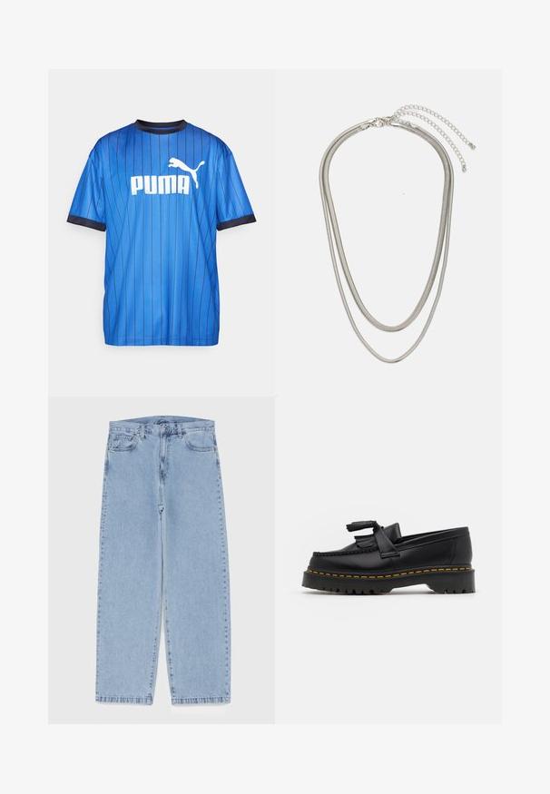 Blue striped sports t-shirt made of breathable fabric, featuring a crew neck and short sleeves. The front displays the white Puma logo.; Light blue denim jeans with straight leg design, featuring a mid-rise waist, five pockets, and a button and zipper closure.; Black leather loafer with a tasseled accent, featuring a chunky black sole and yellow stitching along the edge. Textured finish.; Three-layered silver metal necklace featuring sleek, flexible chains with a slight sheen, secured with a lobster clasp and adjustable chain.