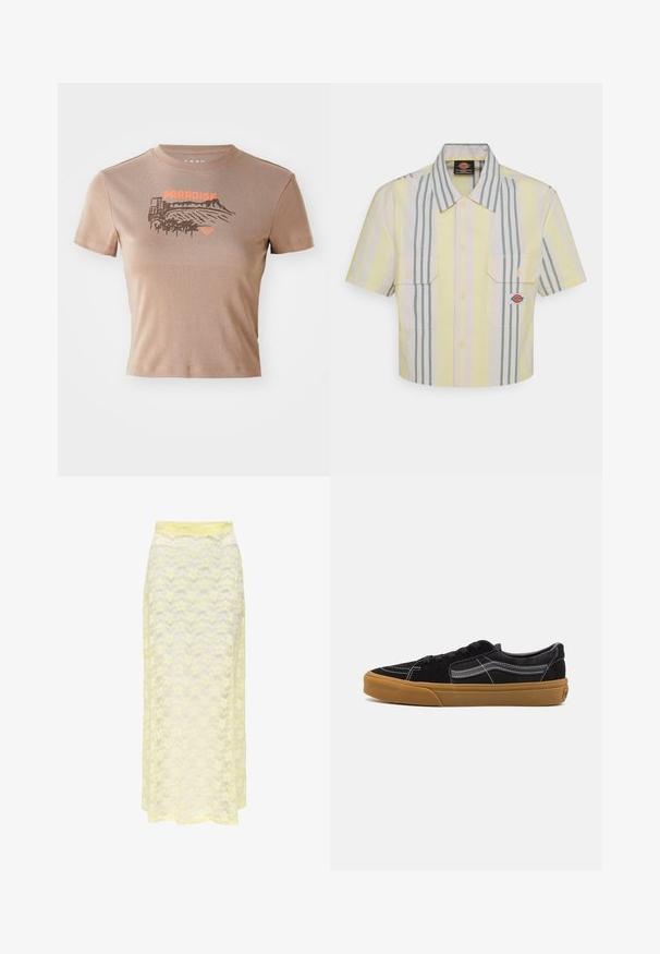 Pruun puuvillane T-särk, lühikesed varrukad, ümmargune kaelus. Esiküljel on oranž "PARADISE" graafika, millel on maastik ja palmipuu kujundus.; Lühikeste varrukatega lühendatud särk heledas kollases, millel on vertikaalsed rohelised ja pastelltriibud. Sellel on kaks rinna taskut ja logo silt vasakul taskul.; Kollase pitsmaciga maksiseelik lainelise mustriga, millel on sile vöökoht ja pehme, õhuline tekstuur. Kujundatud lennuka silueti saavutamiseks.; Mustad sametist sneakerid valgete õmbluste ja allkirja küljeribaga, tan värvi kummitald ja madal disain. Mustade paeltega seotud.