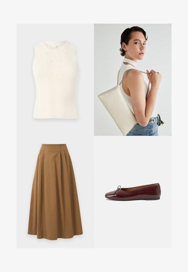 Kreemi värvi ribalikku ilma varrukateta topp ümmarguse kaelusega, mis sisaldab üle kogu pinna väikeseid dekoratiivpärleid ja beedide äärt kaeluses.; Pruun puuvillane A-line seelik kõrge vöökohaga, millel on voldid ees ja sile tekstuur. Pika serva viimistlus on puhas ja lihtne.; Burgundi patendnahk kingad balletitüüpi, ümmarguse ninaosa, ees väike paelaaktsent ja madal must kummist tald. Sile tekstuur.; Valge ristkülikuline kotti, mis on valmistatud läikivast materjalist, hõbedase ahelsangaga. Mudel poseerib, tutvustades kotti ühtlase taustaga.