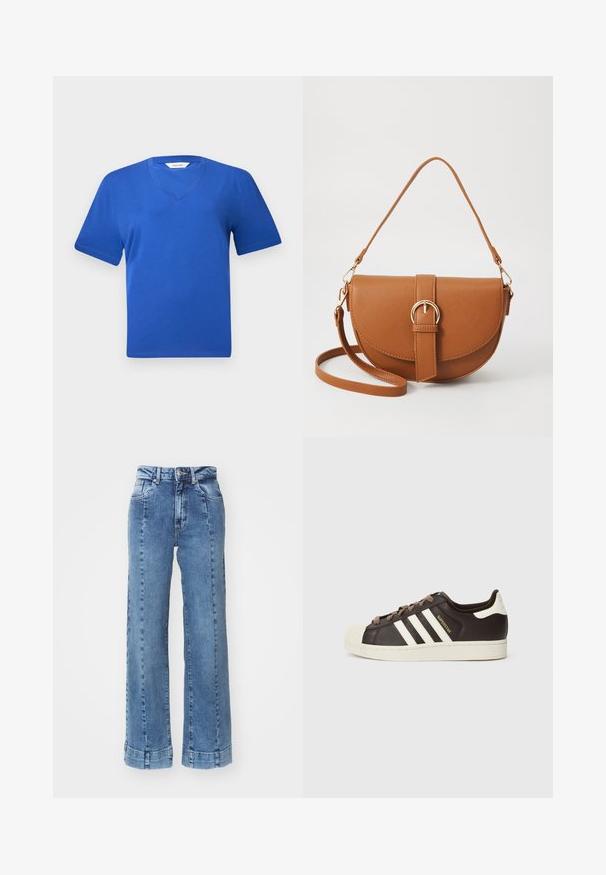 T-shirt de algodão azul com decote em V e mangas curtas, apresentando uma textura suave e um corte clássico e descontraído. Sem padrões ou adornos visíveis.; Jeans de ganga azul claro, de perna larga e cintura alta, com bolsos frontais e detalhes cosidos. A bainha está enrolada e cosida.; Sapatilha Adidas Superstar de cano baixo em pele castanho escuro com biqueira de concha creme, riscas brancas e texto "Superstar" do lado.; Bolsa transversal de couro castanho com um formato curvado, ferragens douradas e um detalhe de fivela. Inclui uma alça de ombro destacável.