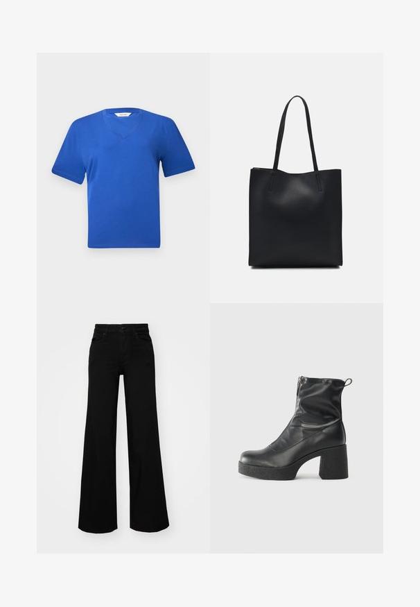 Niebieska bawełniana koszulka typu V-neck z krótkimi rękawami, charakteryzująca się gładką teksturą i klasycznym, luźnym krojem. Brak widocznych wzorów lub ozdobników.; Czarne szerokie spodnie dżinsowe z usztywnionym pasem, szlufkami na pasek i kieszeniami z przodu. Gładka faktura o klasycznym fasonie.; Czarne botki za kostkę wykonane z gładkiej skóry, wyposażone w boczny zamek błyskawiczny, masywny teksturowany obcas oraz zaokrąglony czubek.; Czarna skórzana torba tote o gładkiej fakturze, prostokątnym kształcie i dwóch długich uchwytach. Brak widocznych elementów metalowych i ozdób.