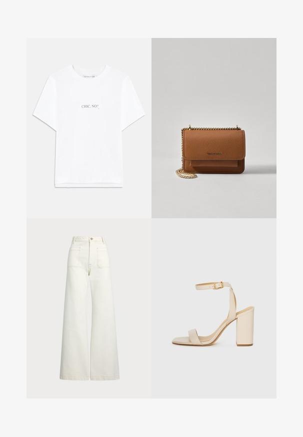 Hvit bomull T-skjorte med korte ermer og rett kant. Sentrert tekst i svart leser "CHIC, NEI?". Klassisk rundhalsdesign.; Vidde bukser i off-white denim. Høyt liv-design med knappelukking, to frontlommer og kontrastsøm detaljer.; Beige høyhælte sandaler med firkantet tå, tynn ankelrem og blokk hæl. Glatt skinntekstur med gullspenne detaljer.; Brun teksturert lær crossover-veske med gullkjede-stropp og klaffelukking. Fronten har logo-detalj og en lomme under klaffen.