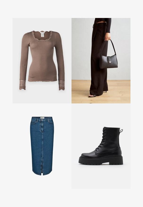 Rosemunde BENITA O NECK - Maglietta a manica lunga - brown; Gonna a tubino in denim blu scuro, con uno spacco frontale, cinque tasche e cuciture a contrasto. Vita medio-alta con un design classico.; Stivaletti in pelle nera alla caviglia con punta rotonda, lace-up frontale e suola in gomma spessa con battistrada textured. Tassello sul retro.; Borsa nera con forma strutturata, texture liscia e una chiusura metallica. Abbinata a pantaloni neri larghi e sandali open-toe su un pavimento in legno.
