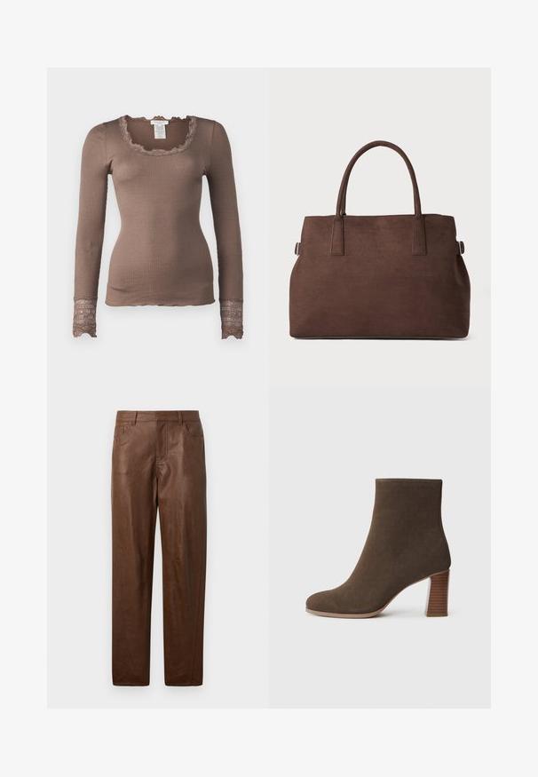 Rosemunde BENITA O NECK - Ilgarankovis viršutinės dalies drabužis - brown; Rudos odinės kelnės su glotnia tekstūra, tiesaus kirpimo dizainu ir dviem šoninėmis kišenėmis. Pabrėžti matomi siuvimo detalės.; Rudi zomšos auliniai batai su apvaliu nosiu ir sudėtiniais, struktūriniais kulnais. Lygi išorė be matomų užsegimų ar puošmenų.; Ruda dirbtinės sušalimo medžiagos rankinė su dviem tvirtais užtrauktukais, struktūriška forma ir minimalistiniu dizainu, puikuojasi subtiliomis siūlėmis.