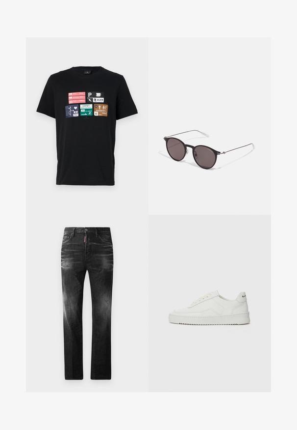 T-shirt de algodão preto com gráficos de sinalização de viagem em várias cores, incluindo nomes de cidades e indicadores de distância.; Jeans de denim preto com um corte reto. Apresentam áreas desbotadas, ligeira degradação, design clássico de cinco bolsos e um fecho de botão.; Sapatilha de couro branco com acabamento suave, bico redondo, atacadores planos e uma sola texturizada. Apresenta um logotipo discreto no calcanhar.; Óculos de sol redondos pretos com lentes escuras e hastes metálicas finas. Inclui pontas de templo transparentes e detalhes em prata na dobradiça. Design minimalista.