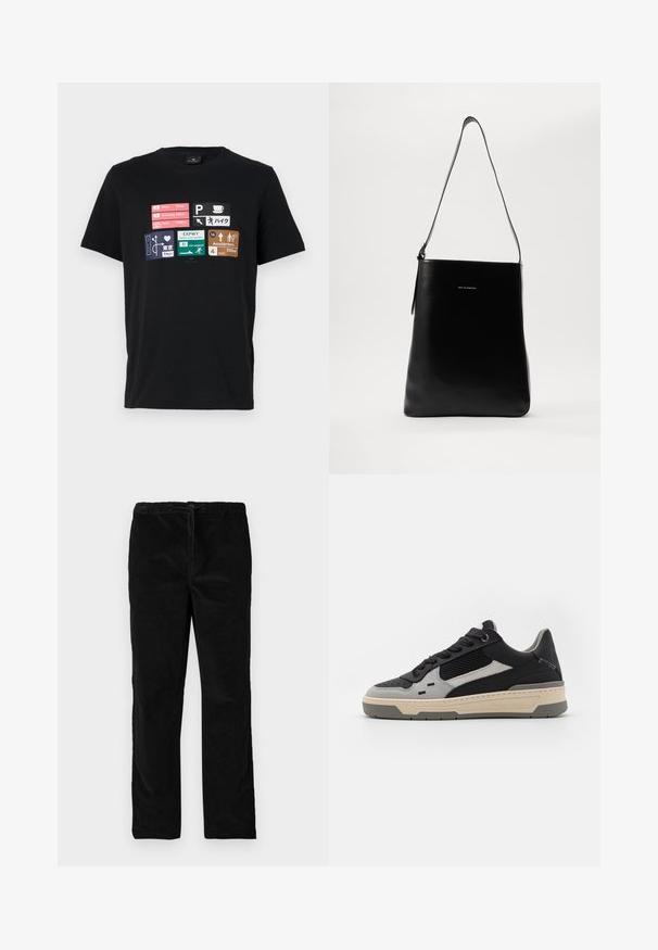 Black cotton t-shirt featuring various travel signage graphics in multiple colors, including city names and distance indicators.; Black straight-leg velvet pants with elastic waistband and front drawstring, displayed against a plain white background.; Sneakers featuring black and grey panels, textured mesh, smooth leather, and a cream rubber sole with a minimalistic design.; Black leather shoulder bag with a smooth texture, rectangular shape, and a long strap; features a small white logo at the center.