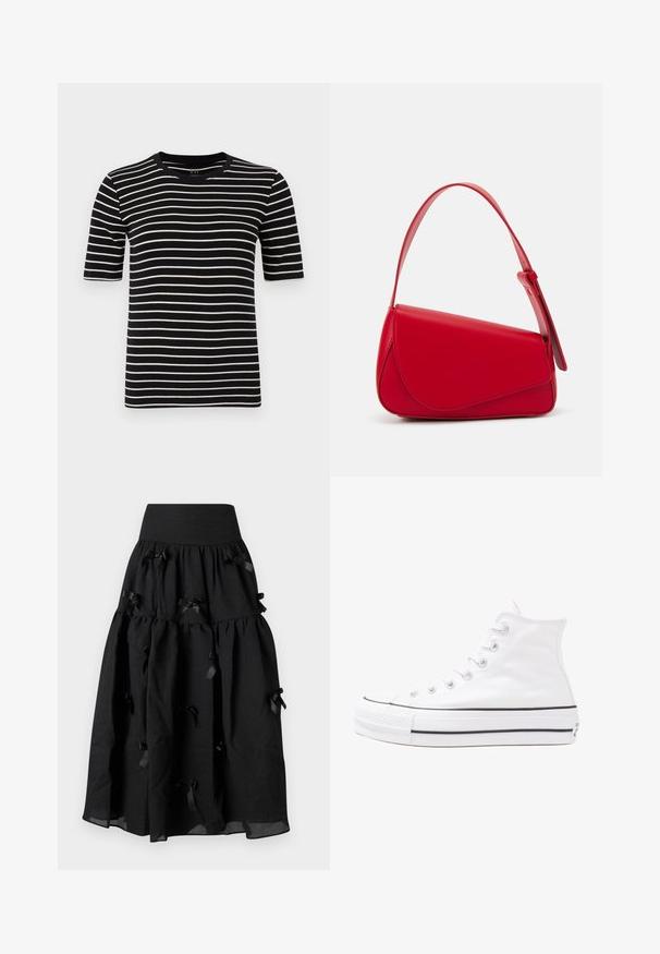Black and white striped t-shirt, short sleeves, round neck, made of soft cotton knit, featuring even stripes and a standard fit.; Sister Jane BIRDIE BOW MIDI SKIRT - A-line skirt - black; White high-top canvas sneaker with black rubber sole, front rubber toe cap, and six eyelets for laces, featuring a clean, minimalist design.; Red leather handbag with an angular, geometric design. Features a single adjustable strap and a flap closure with stitched detailing.