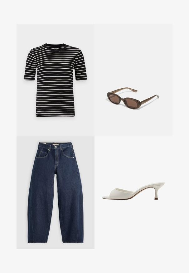 Gestreiftes T-Shirt in Schwarz und Weiß, kurzärmelig, mit rundem Hals, aus weichem Baumwollstrick gefertigt, mit gleichmäßigen Streifen und standardmäßiger Passform.; Dunkelblaue Denim-Jeans mit lockerer Passform, heller Naht, fünf Taschen und einem Knopfverschluss am Bund.; Weiße, offene High-Heel-Mules mit glatter Oberfläche, minimalistischer Gestaltung und schlankem Absatz, ausgestattet mit einem subtilen braunen Akzent auf der Sohle.; Braune ovale Sonnenbrillen mit dunklen Gläsern. Das Gestell besteht aus einem transparenten braunen Material und hat ein auf den Bügeln aufgedrucktes Logo.; Grüne Lederhandtasche mit glatter Textur, gebogenem Design und geflochtenem Griff. Verfügt über einen Reißverschluss und einen verstellbaren Riemen.