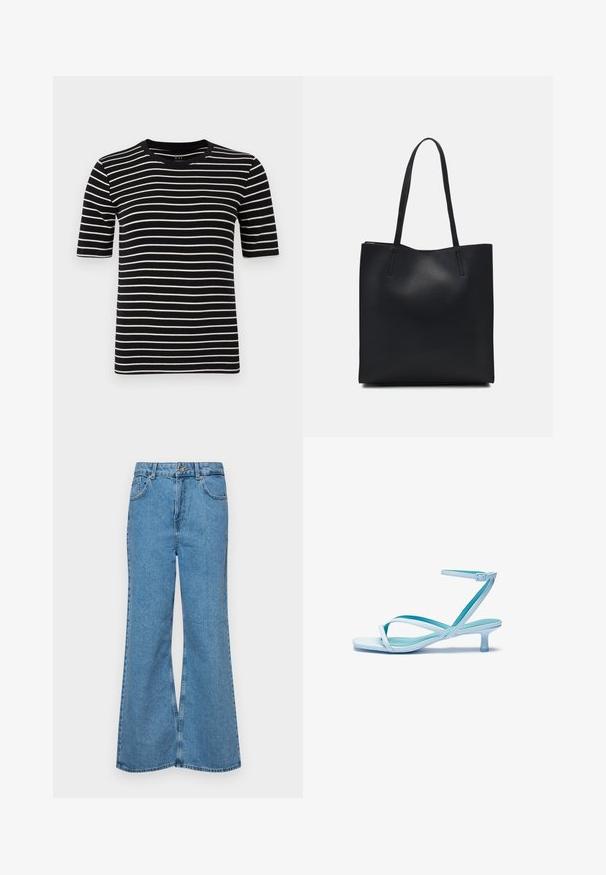 Zwart-wit gestreept t-shirt, korte mouwen, ronde hals, gemaakt van zachte katoenbrei, met gelijkmatige strepen en een standaard pasvorm.; Lichtblauwe flared jeans van denim, met een hoge taille, vijf zakken en een enkele knoopsluiting. Zachte textuur met een vervaagde afwerking.; Lichtblauwe sandaal met bandjes, vierkante teen, lage hak, verstelbare enkelband en een gladde, glanzende afwerking. Kruisende bandjes op de voetbed.; Zwarte leren handtas met een gladde textuur, rechthoekige vorm en twee lange handvaten. Geen zichtbare hardware of versieringen.