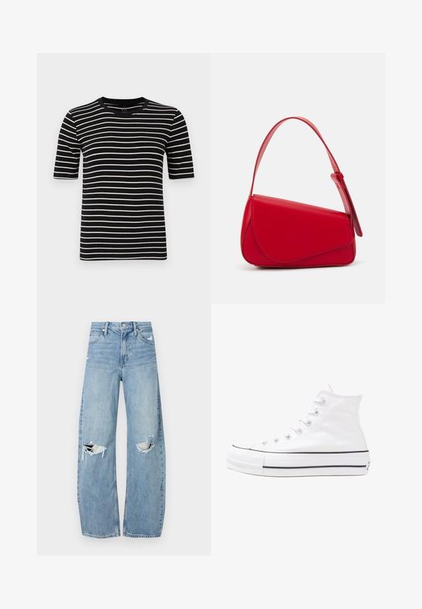 Gestreiftes T-Shirt in Schwarz und Weiß, kurzärmelig, mit rundem Hals, aus weichem Baumwollstrick gefertigt, mit gleichmäßigen Streifen und standardmäßiger Passform.; Helles, hochtailliertes Jeans aus Denim. Hat weit geschnittene Beine, zwei aufgerissene Kniebereiche und klassischen Fünf-Taschen-Stil.; Weiße hochwertige Leinensneaker mit schwarzer Gummisohle, vorderem Gummizehenschutz und sechs Ösen für Schnürsenkel, die ein sauberes, minimalistisches Design aufweisen.; Rote Lederhandtasche mit einem kantigen, geometrischen Design. Verfügt über einen verstellbaren Schulterriemen und einen Klappenverschluss mit genähten Details.