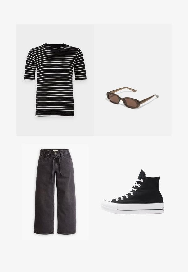 Black and white striped t-shirt, short sleeves, round neck, made of soft cotton knit, featuring even stripes and a standard fit.; Black wide-leg jeans made of denim, featuring a drawstring waist, five pockets, and contrast stitching details. Flat-front design.; High-top black canvas sneaker with white eyelets, laces, and rubber sole. Features a textured toe cap and black and white stripe accents.; Brown oval sunglasses with dark lenses. Frame has a transparent brown material and features a logo printed on the temples.
