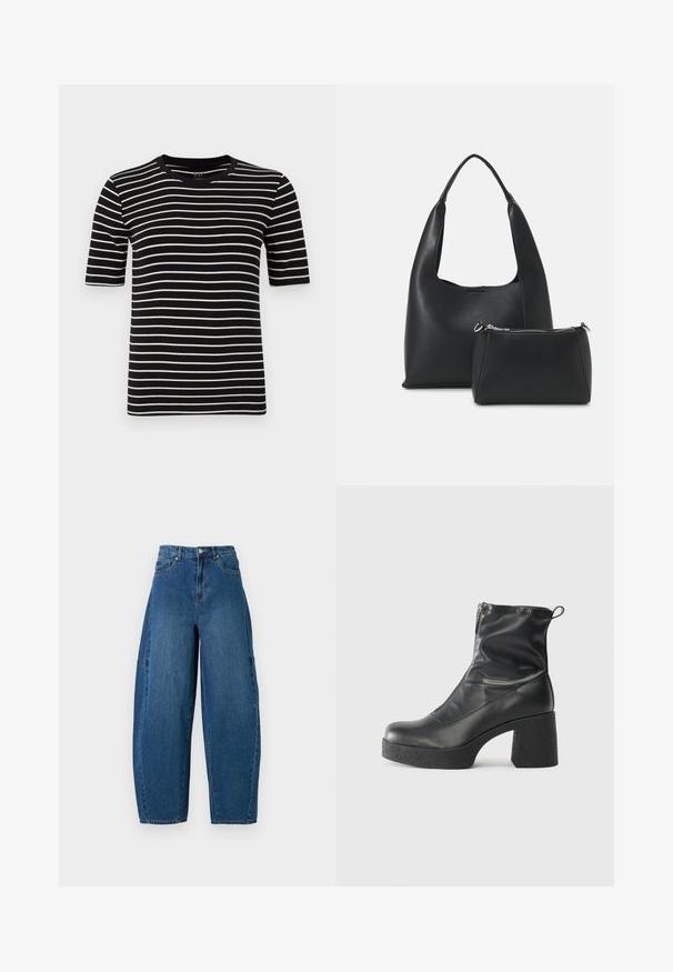 Camiseta de rayas negras y blancas, de mangas cortas, cuello redondo, hecha de suave punto de algodón, con rayas uniformes y un ajuste estándar.; Jeans de denim en un lavado azul medio, con una cintura alta, corte de pierna ancha y diseño estándar de cinco bolsillos con detalles de costura visibles.; Botines negros de tobillo, hechos de cuero suave, con cierre lateral, tacón grueso texturizado y diseño de punta redondeada.; Even&Odd Bolso de mano - black