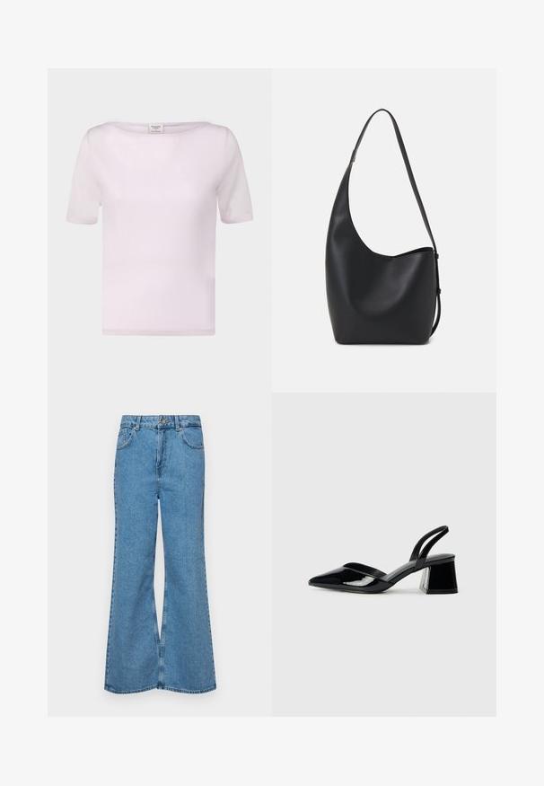 Lys pink kortærmet t-shirt lavet af blødt stof. Har en bådhals og en afslappet pasform med pænt afsluttede kanter.; Lysblå flagrende jeans lavet af denim, med høj talje, fem lommer og en enkelt knaplukning. Blød tekstur med en falmet finish.; Sorte patentlæder slingback hæle med spids tå og en geometrisk blok hæl. Har et elegant, minimalistisk design og en glat tekstur.; Sort læder hobo taske med en glat overflade, buet form og en enkelt justerbar rem; har en bred åbning øverst.