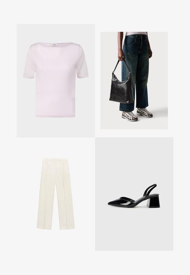 Lichtroze T-shirt met korte mouwen, gemaakt van zachte stof. Heeft een bootnek en een relaxte pasvorm met netjes afgewerkte randen.; Wijdgevallen broeken in een lichtcrème kleur. Gemaakt van een zachte stof met plooien aan de voorkant en zijzakken.; Zwarte gepatineerde leren slingback hakken met een spitse neus en een geometrische blokhak. Kenmerkt zich door een slank, minimalistisch ontwerp en een gladde textuur.; Zwarte leren schoudertas met een gladde textuur en een verstelbare strap, gecombineerd met vervaagde wijde jeans en sportieve sneakers.