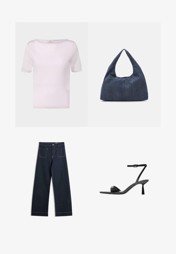 Svetlo roza kratko majico s kratkimi rokavi, izdelano iz mehkega materiala. Ima čolnasti izrez in sproščen kroj z natančno dokončanimi robovi.; Temno modre široke jeans hlače iz denima s kontrastnim svetlo rjavim šivi, dvema zadnjima žepoma in gumbom za zapirjanje v pasu.; Bershka Sandali z visoko peto - black; Temno moder jeans torba z mehko, sproščeno obliko, ki ima hobo slog ročaja in teksturirano površino. Brez vidnih kovinskih dodatkov.